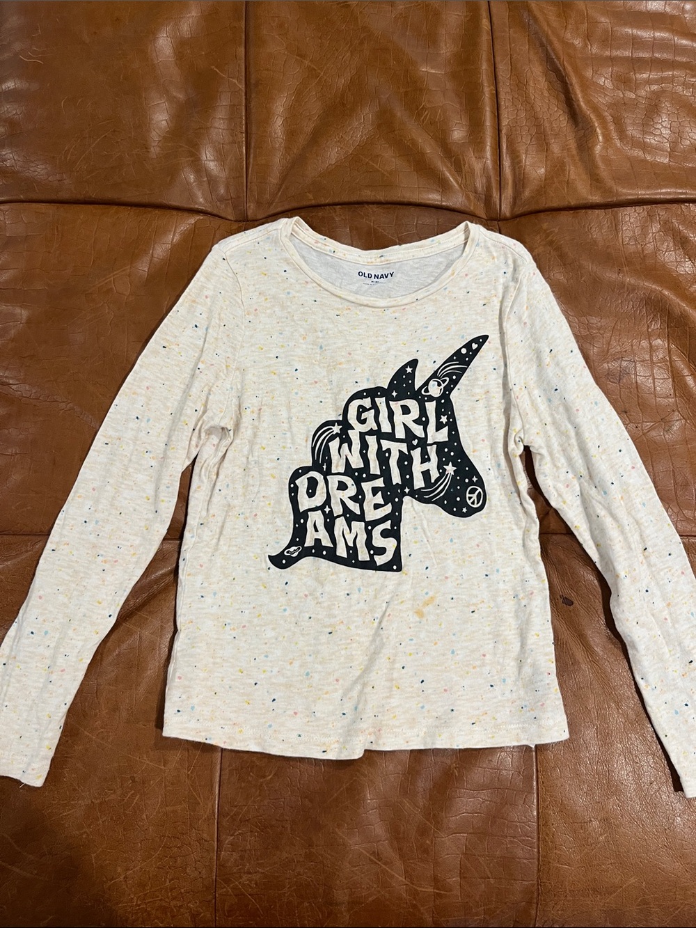 Old Navy Cream Long-Sleeve Tee with Navy Unicorn 'Girl With Dreams' Graphic